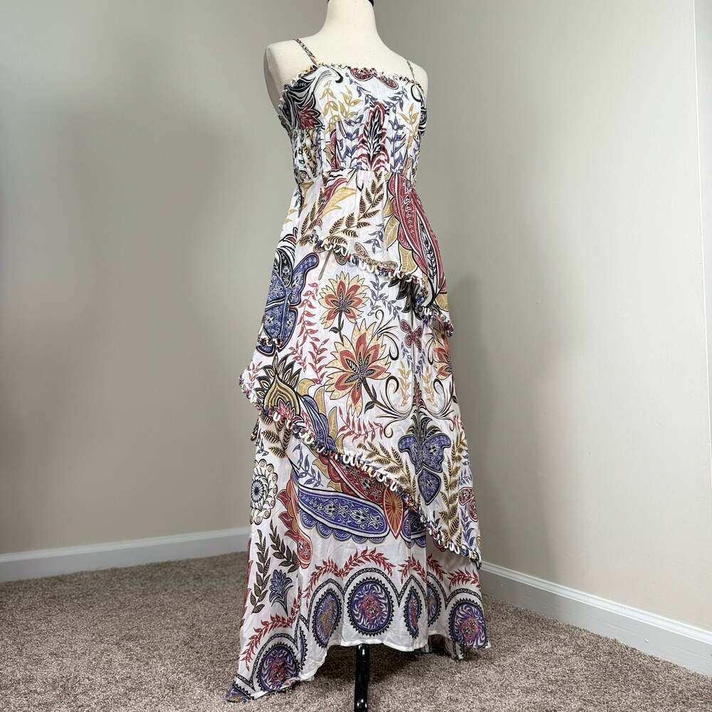 FARM Rio Boho Glam Loop Trim Asymmetrical Maxi Dress Resort Cottagecore - Picture 3 of 11